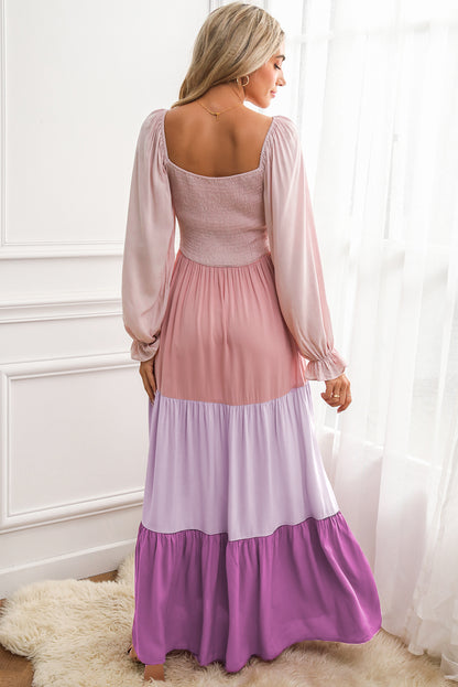 Multicolor Smocked Square Neck Tiered Maxi Dress