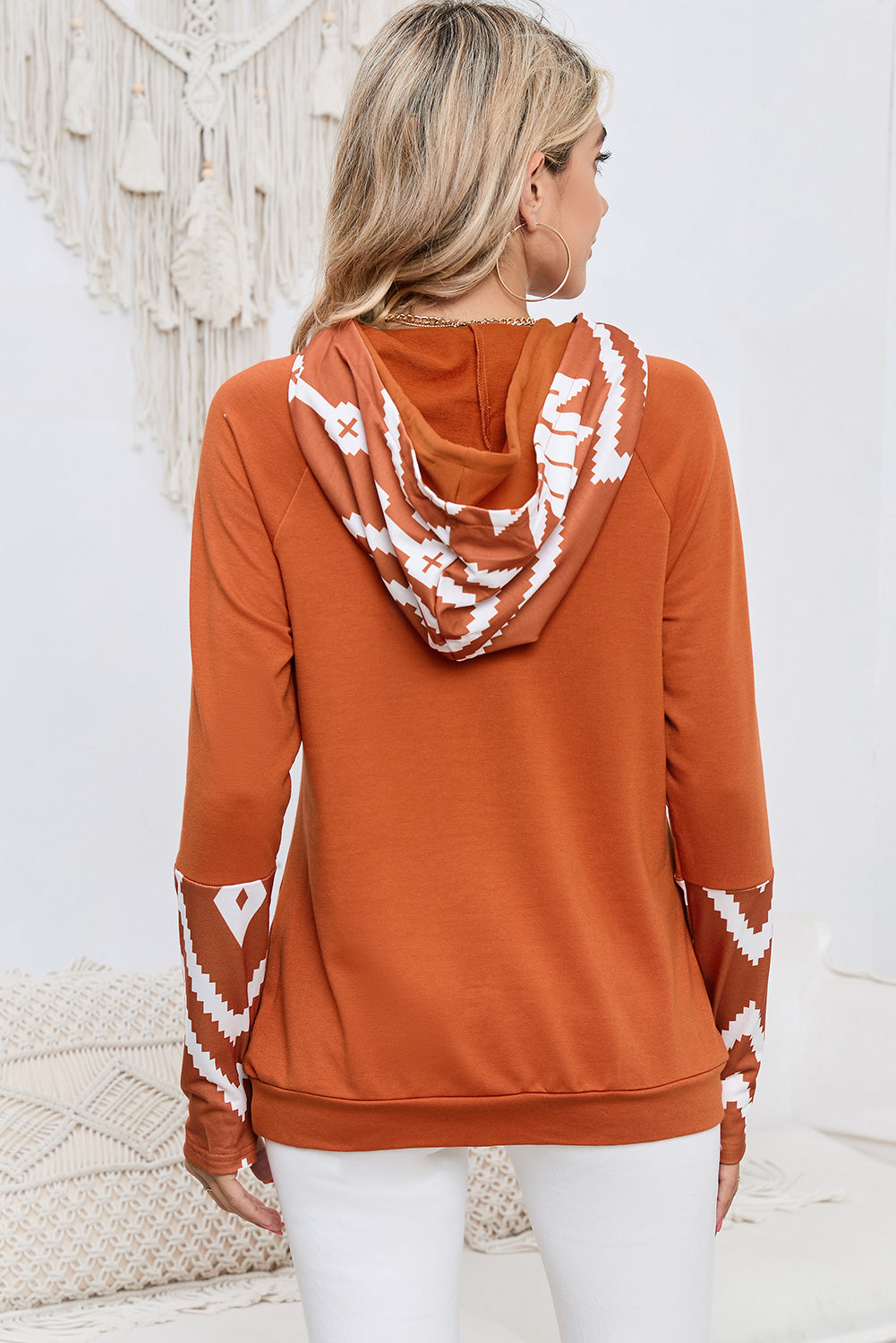 Brown Geometric Pattern Pullover Hoodie with Pockets