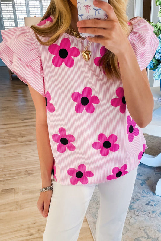 Pink Stripe Floral Print Ruffled Flutter Sleeve Blouse