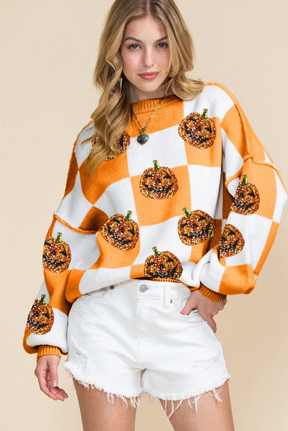 Grapefruit Orange Sequined Halloween Pumpkin Checkered Sweater