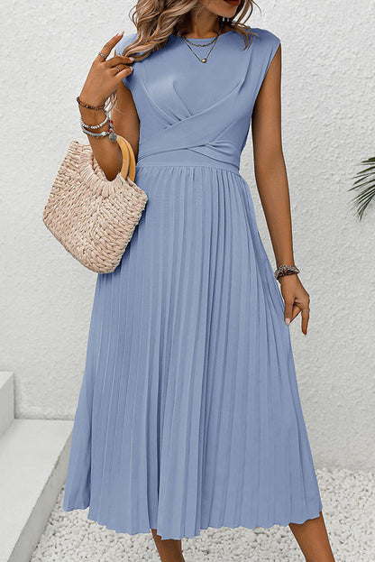 Sky Blue Solid Color Criss Cross Pleated Sleeveless Midi Dress