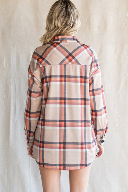 Khaki Plaid Casual Pockets Buttoned Shacket