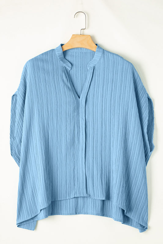 Dusk Blue V Neck Crinkle Dolman Blouse