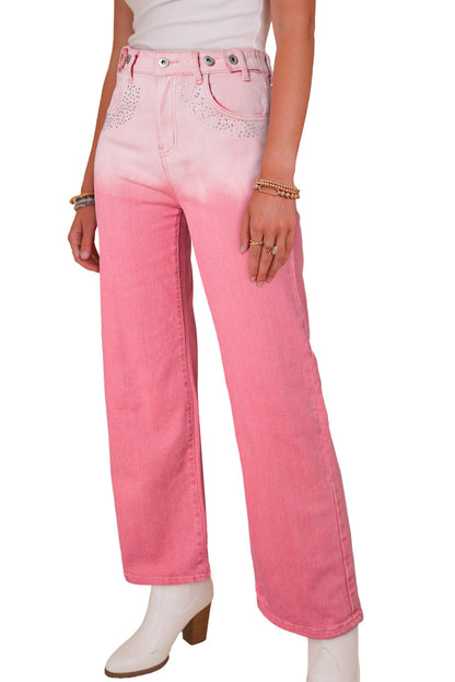 Pink Scattering Rhinestone Gradient Straight Jeans