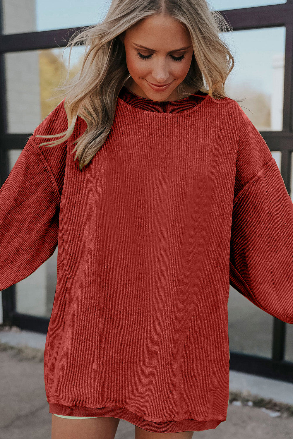 Orange Plain Drop Sleeve Rib-Knit Oversized Sweatshirt