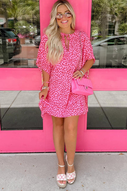 Pink Keyhole Short Sleeve Casual Leopard Print Dress