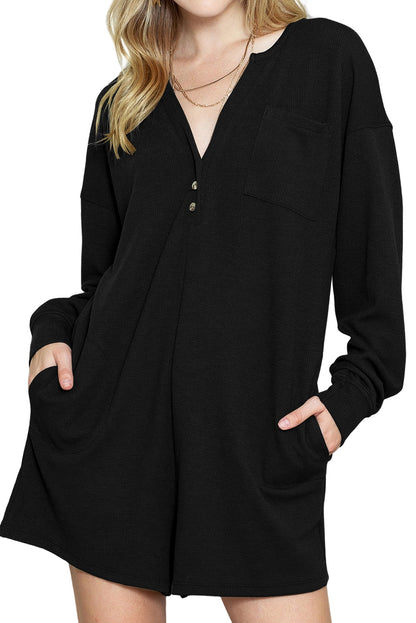 Black Casual Henley Button V Neck Pocketed Romper