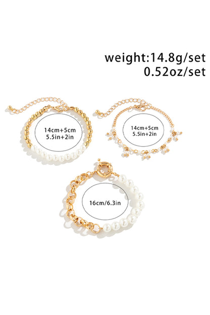 Gold 3pcs Pearl Pleated Alloy Beaded Bracelet Set