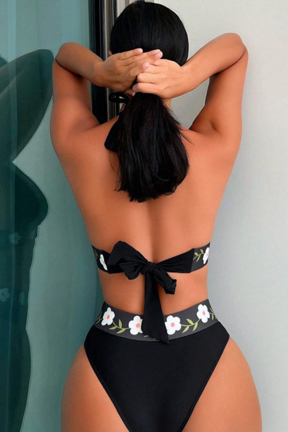 Black Floral Banded Halter Bikini Swimsuit