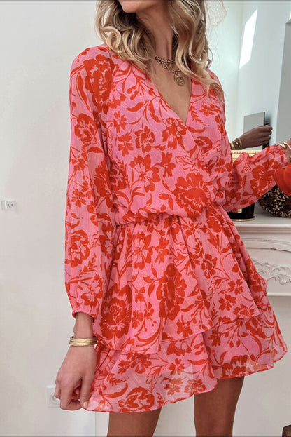 Red Floral Print Wrap V Neck Long Sleeve Boho Dress