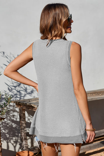 Gray Scoop Neck Waffle Knit Splicing Flowy Vest