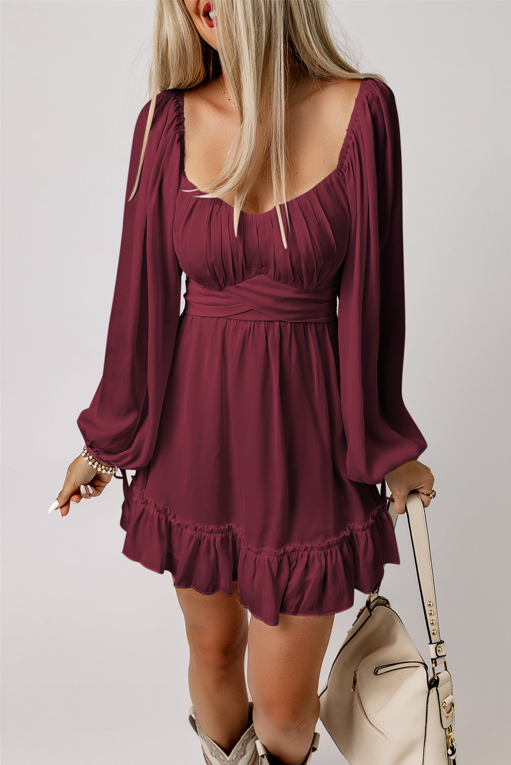 Red Plain Ruched Casual Ruffle High Waist Mini Dress