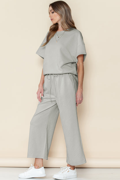 Dark Green Textured Loose Fit T Shirt and Drawstring Pants Set