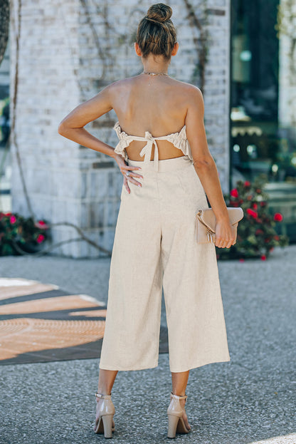 Beige Elegant Ruffled Strapless Wide Leg Jumpsuit