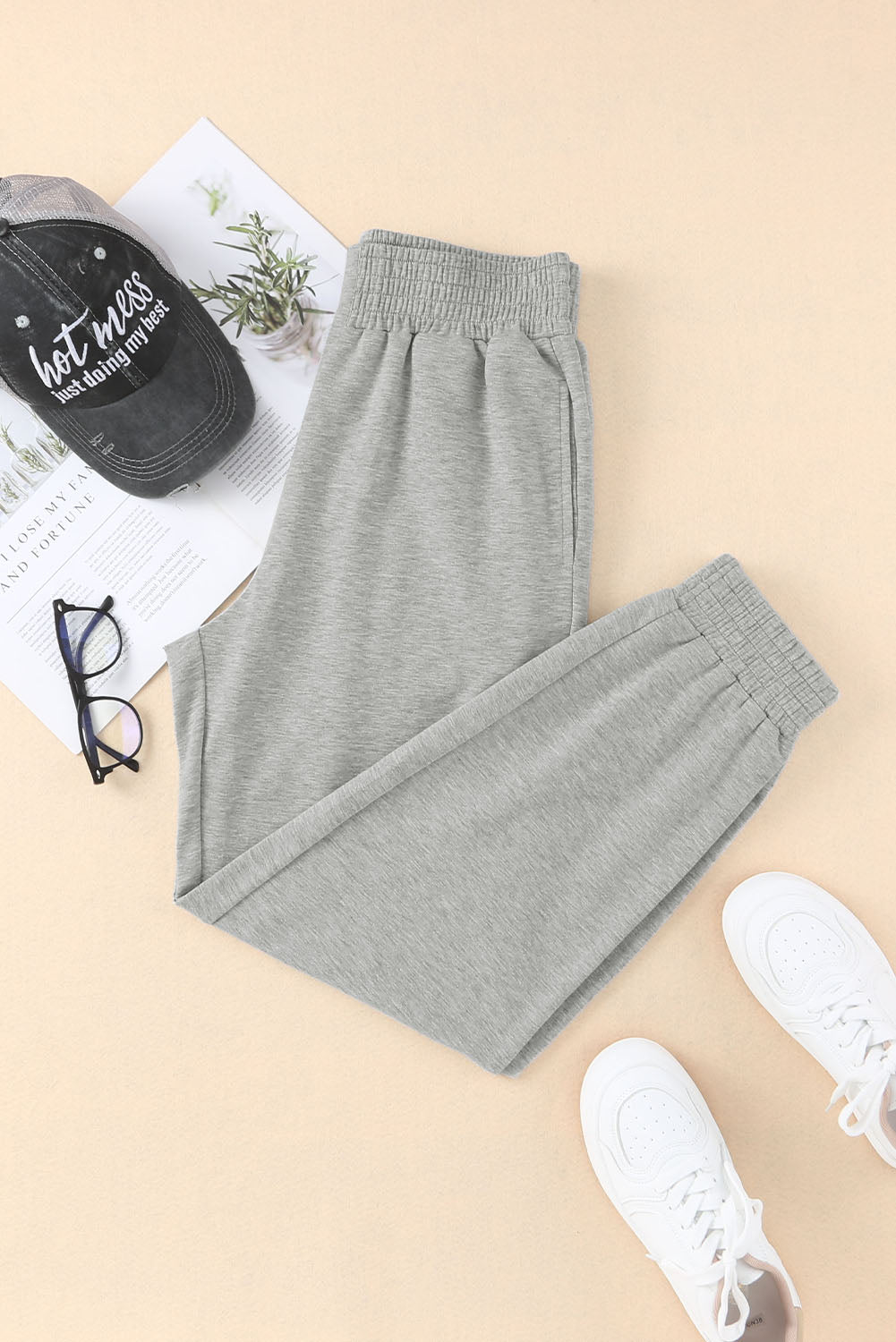 Grey Smocked Casual High Waist Pocket Jogger Pants