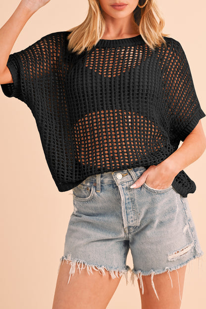 Apricot Fishnet Knit Ribbed Round Neck Short Sleeve Tee