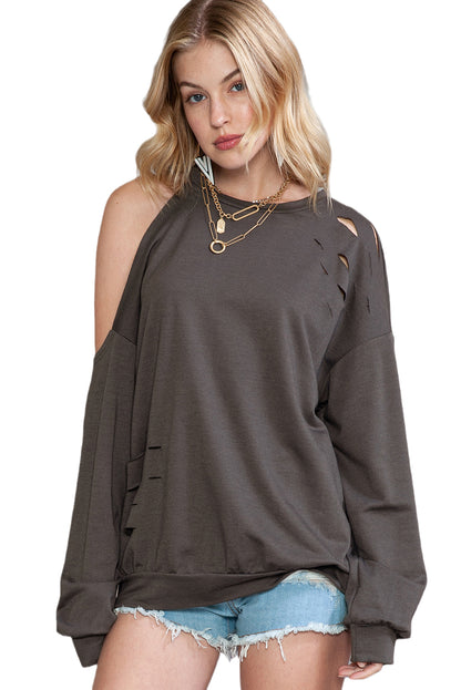 Grey Ripped Cold Shoulder Drop Sleeve Top