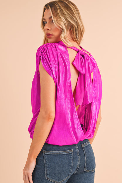 Bright Pink Ruched Sleeves Knotted Backless Blouse