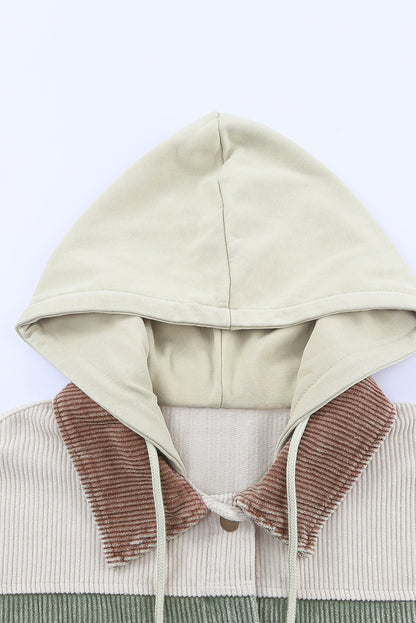 Khaki Patchwork Raw Hem Hooded Corduroy Jacket