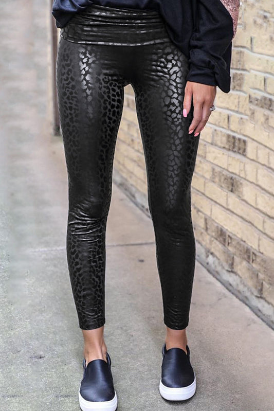 Black Shiny Leopard Casual Textured Leggings