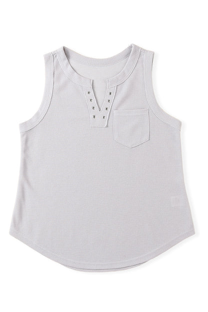 Grey Waffle Knit Basic Notched Neck Pocket Tank Top