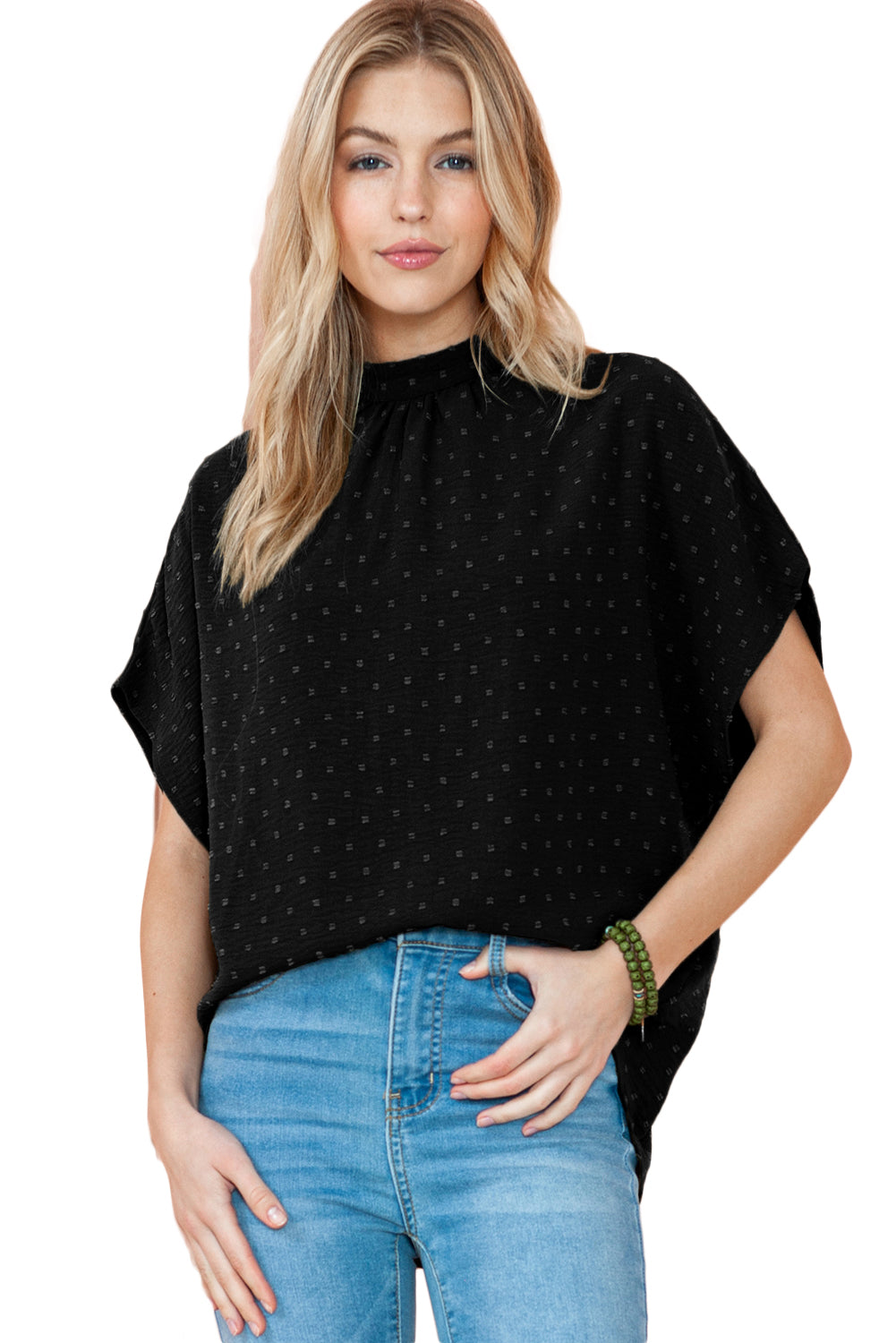 Black Swiss Dot Mock Neck Batwing Sleeve Blouse