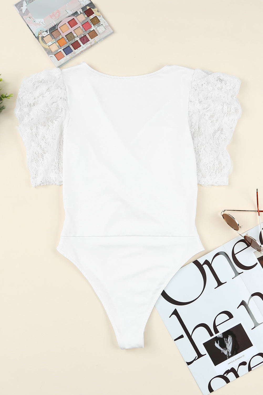 Ivory Lace Short Sleeve Wrap V Neck Bodysuit for Women