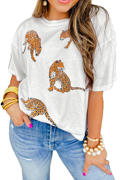 White Animal Print Round Neck T Shirt