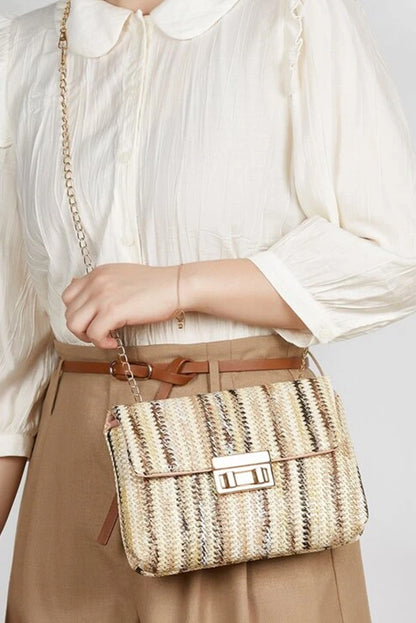 Camel Woven Striped Flapped Single Shoulder Bag