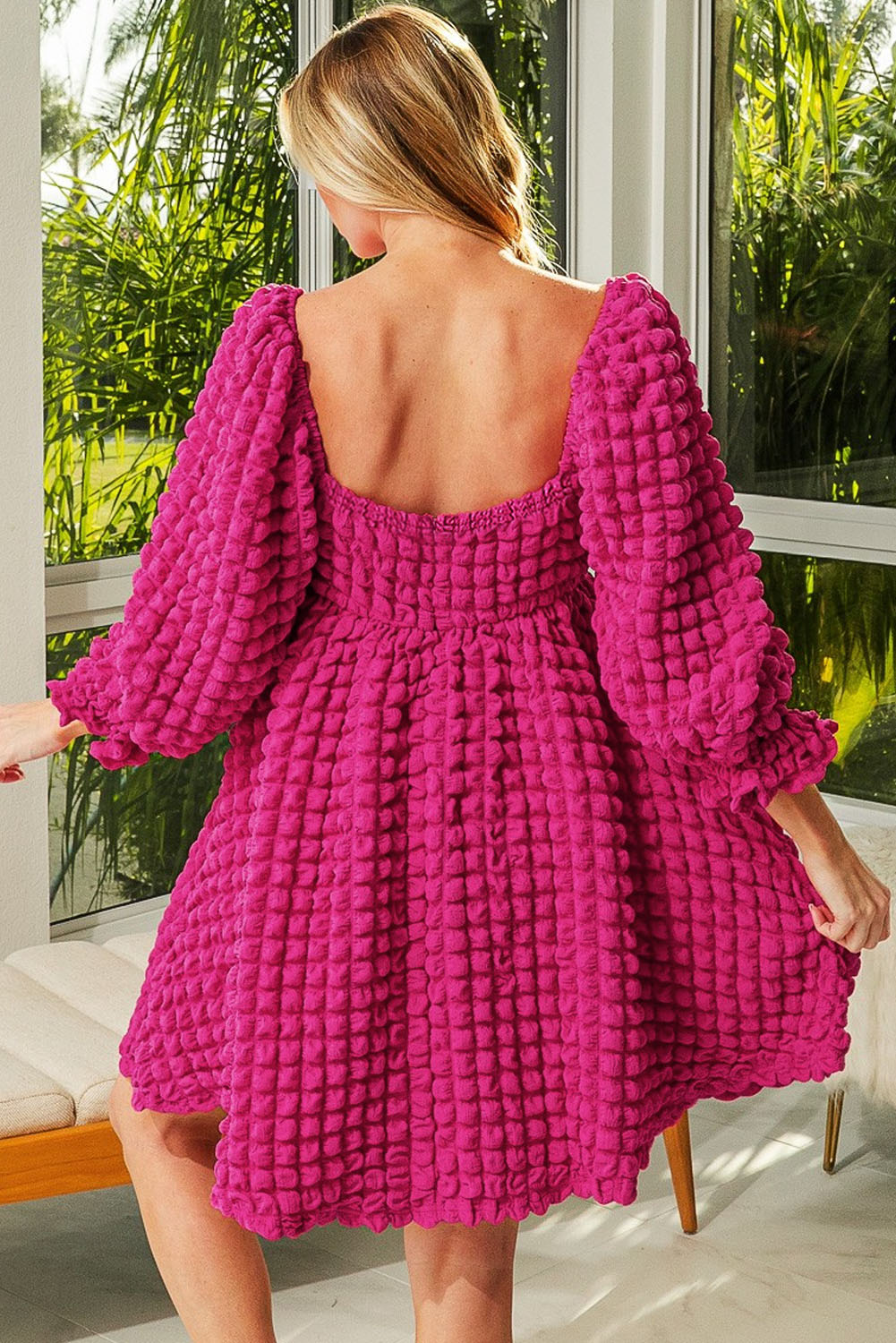 Strawberry Pink Bubble Textured Square Neck Babydoll Dress