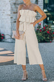 Beige Elegant Ruffled Strapless Wide Leg Jumpsuit