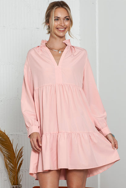 Pink Casual Stand V Neck Short Frill Dress