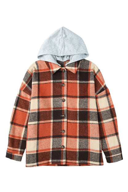 Orange Plaid Button Front Hooded Shacket