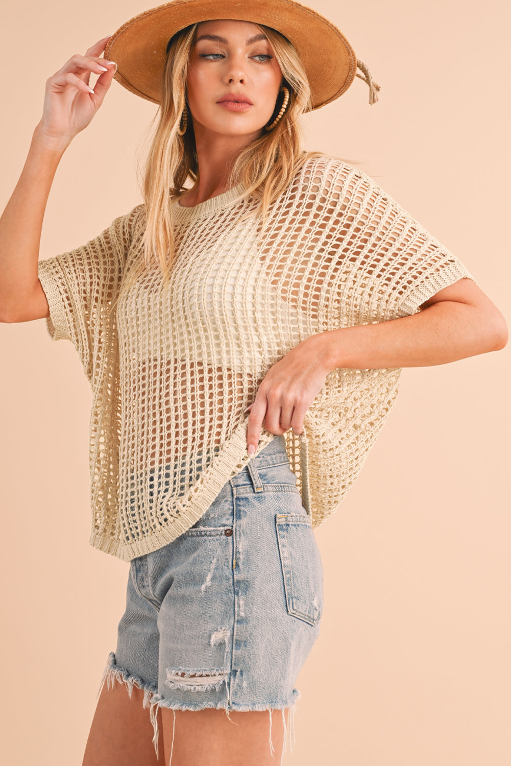 Apricot Fishnet Knit Ribbed Round Neck Short Sleeve Tee