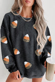 Black Sushi Sequin Print Corded Crewneck Graphic Sweatshirt