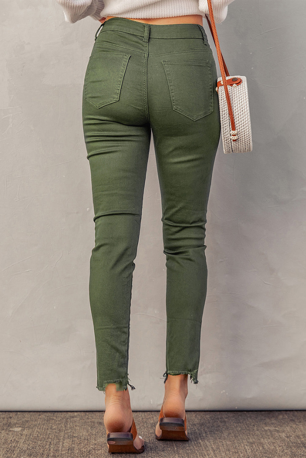 Green Frayed Raw Hem High Waist Denim Jeans