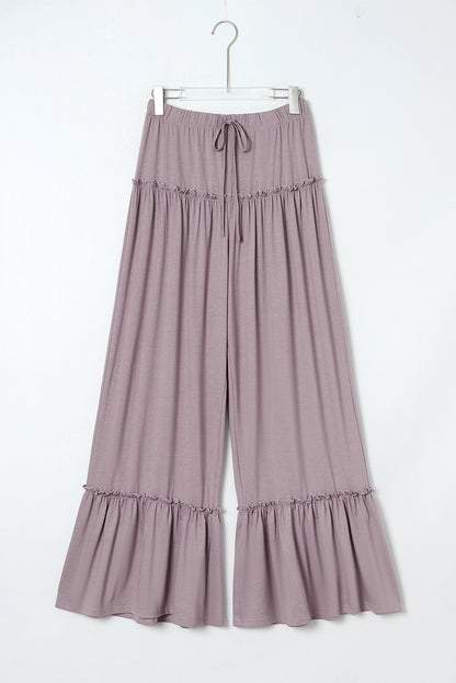 Khaki Frill Detail Drawstring High Waist Wide Leg Pants