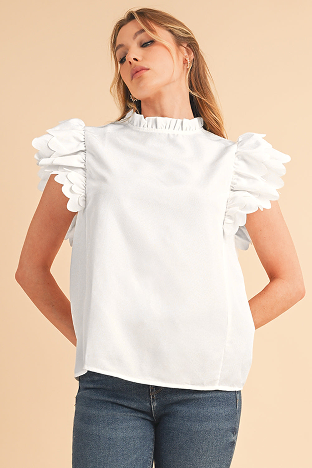 White Solid Color Scalloped Ruffle Sleeve Blouse