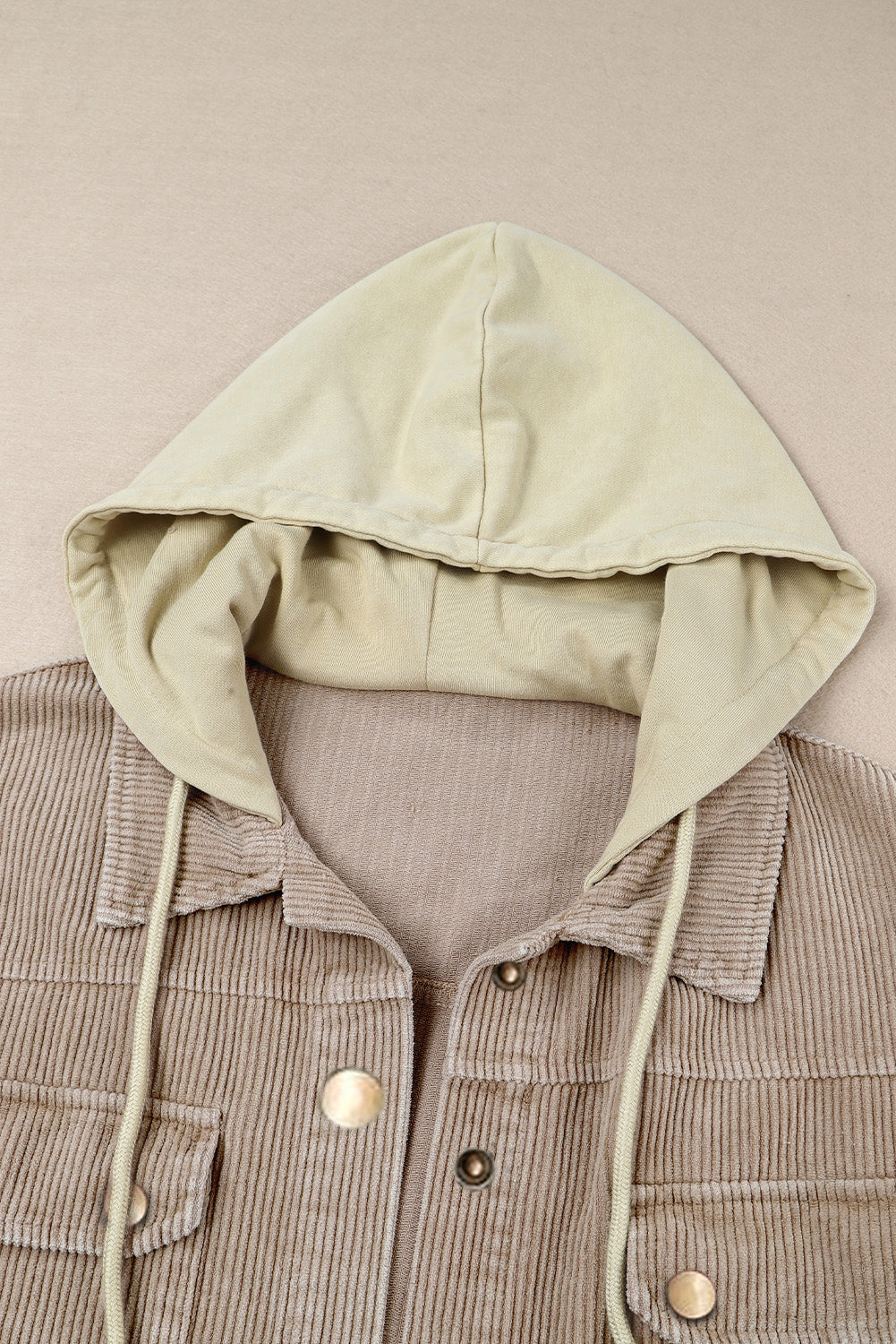 Khaki Patchwork Raw Hem Hooded Corduroy Jacket