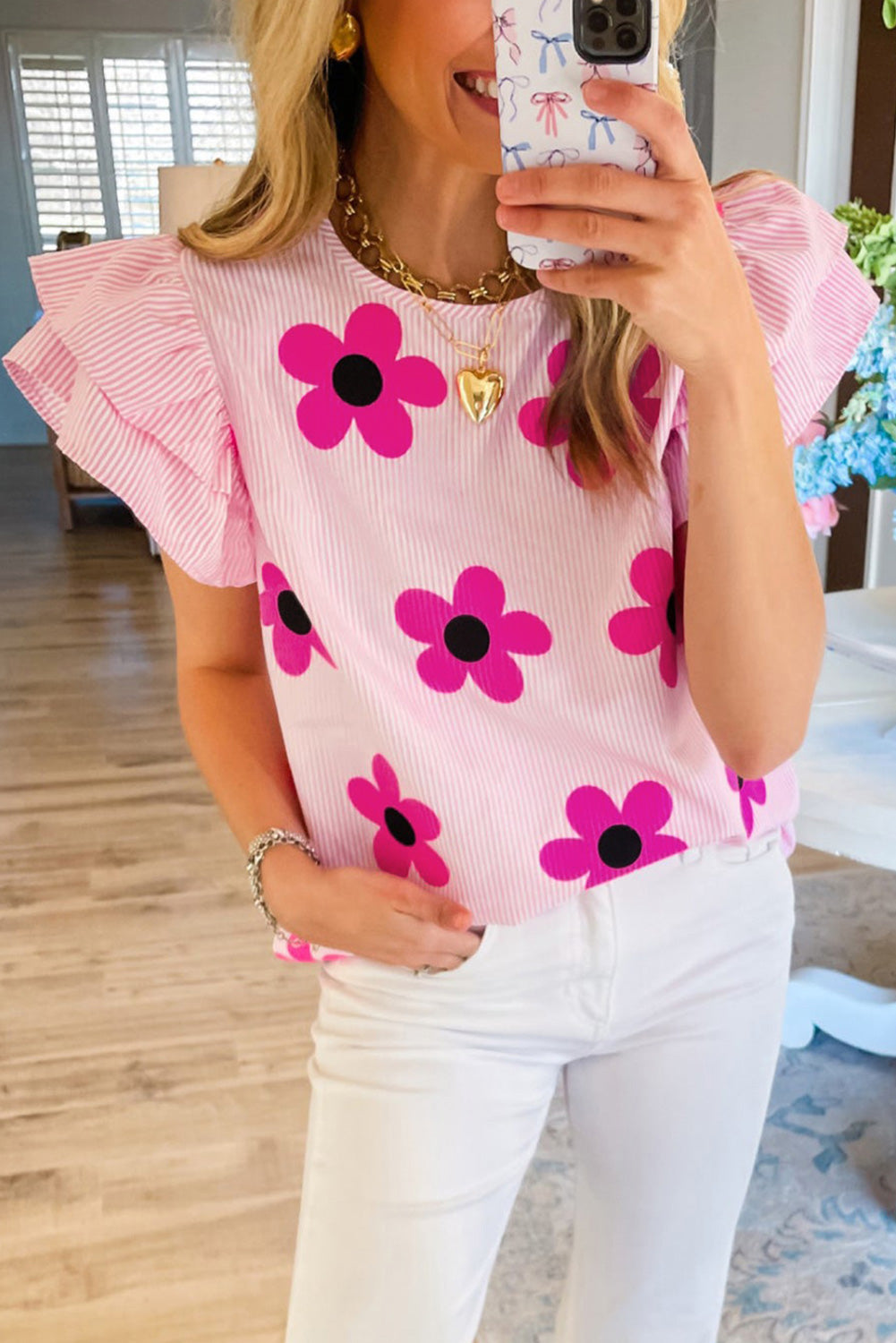 Pink Stripe Floral Print Ruffled Flutter Sleeve Blouse