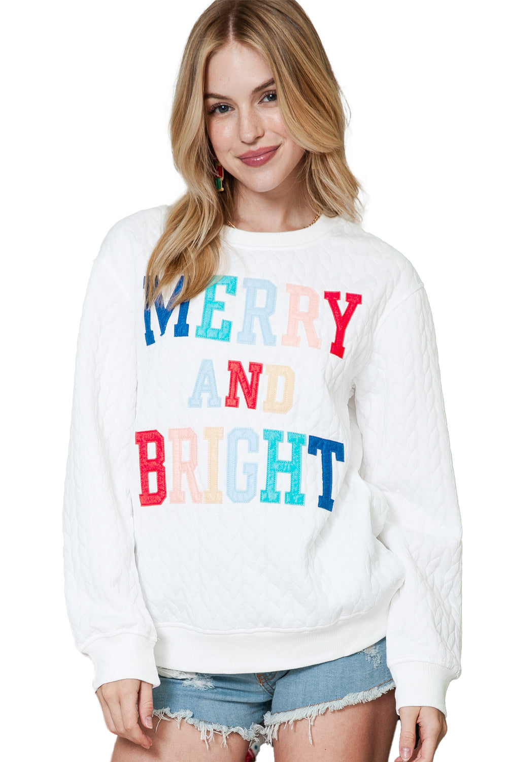 White Lucky Letter Patch Quilted Sweatshirt