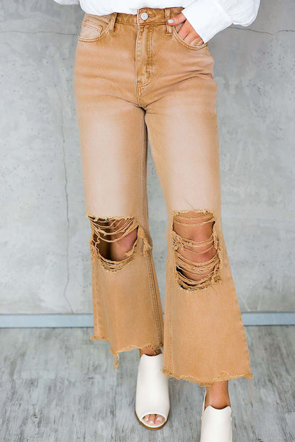 Brown Distressed Hollow-out High Waist Flare Jeans