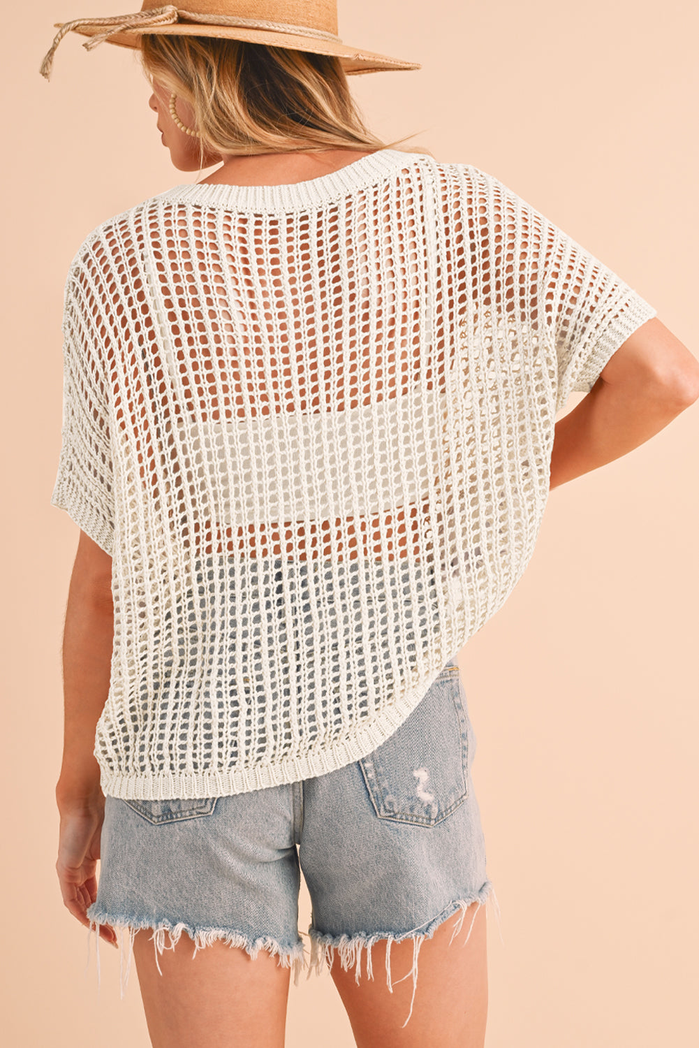 Apricot Fishnet Knit Ribbed Round Neck Short Sleeve Tee