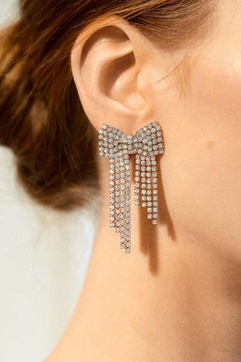 Gold Rhinestone Bowknot Fringe Dropping Earrings