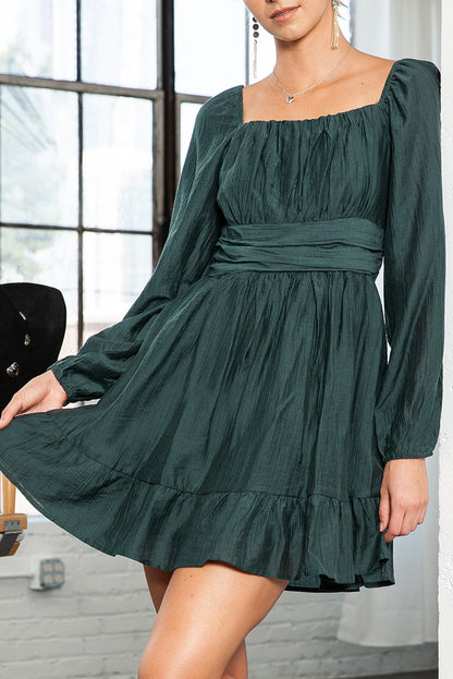 Green Solid Color Flounce Hem A -Line Square Neck Dress