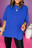 Dark Blue Solid Color Side Slit Tunic Top