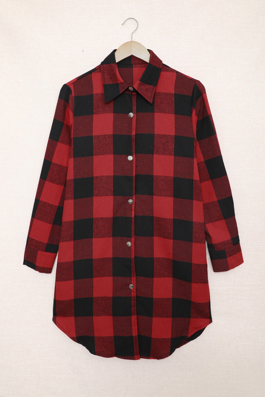 Red Plaid Collared Button Down Long Shirt Shacket