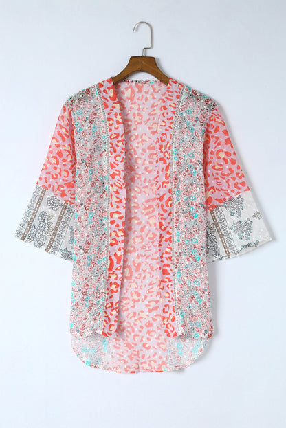 Multicolor Floral Print Boho Bell Sleeve Open Front Cover Up