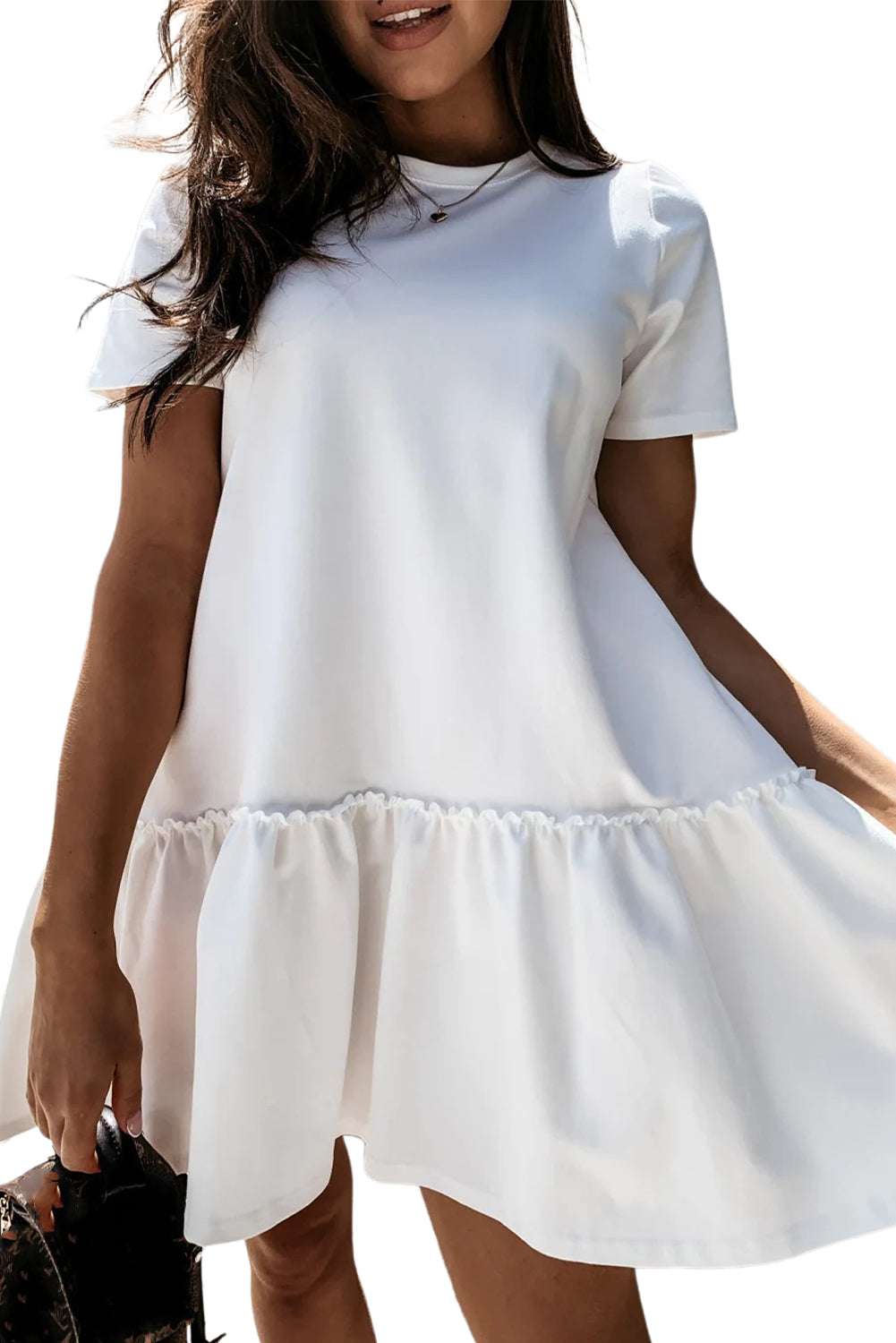 White Frill Flowy Hem Short Sleeve Mini Dress