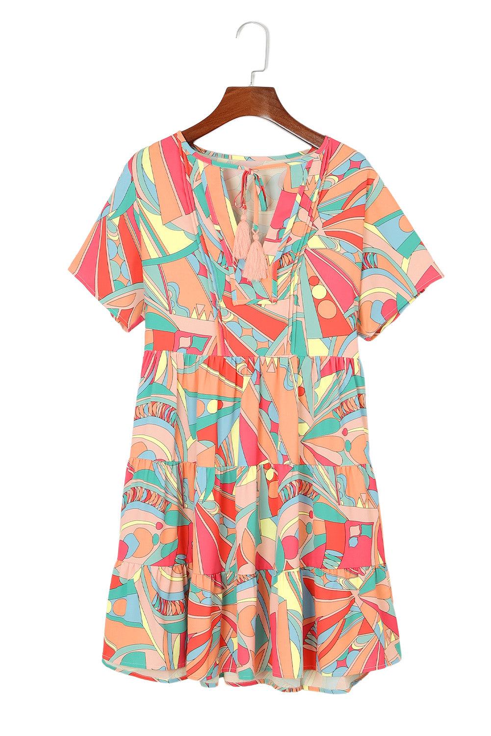 Pink Abstract Print Split V Neck Short Sleeve Tiered Dress